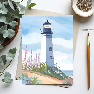 Lighthouse in Bloom   Coastal Watercolor Floral Postcard