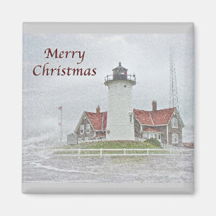 Lighthouse in Snow Merry Christmas Magnet