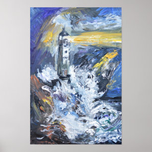 Lighthouse in Stormy Sea Impasto Acrylic Painting Poster