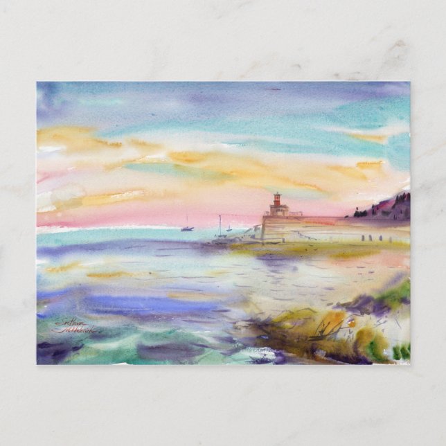 Lighthouse in Villefranche-sur-Mer. Watercolor art Postcard (Front)