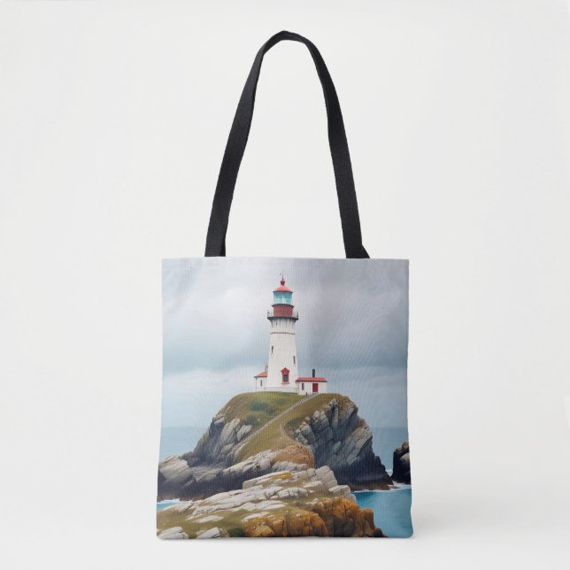 Lighthouse Landscape Coastal Ocean Calm Scenery Tote Bag (Front)