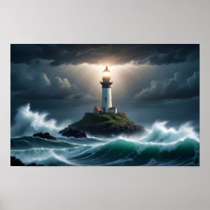 Lighthouse Landscape Coastal Ocean Waves Night Sea Poster