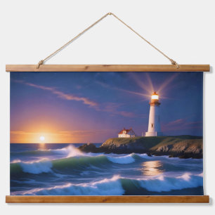 Lighthouse Landscape Coastal Ocean Waves Sunset Hanging Tapestry