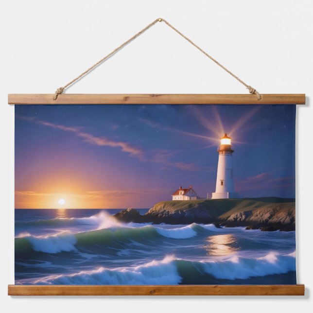 Lighthouse Landscape Coastal Ocean Waves Sunset  Hanging Tapestry (Front)