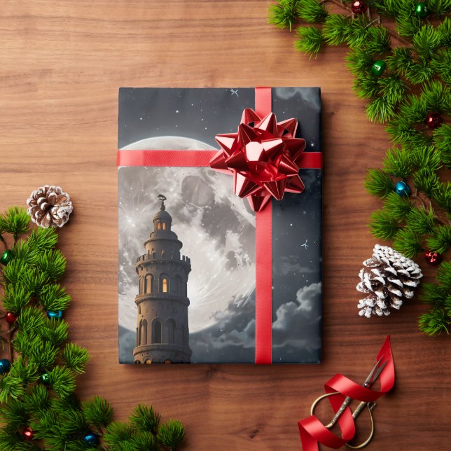 Lighthouse lit via moonlight on a clear night wrapping paper (Holiday Gift)