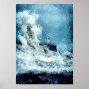 Lighthouse lost in a raging sea Abstract Landscape Poster