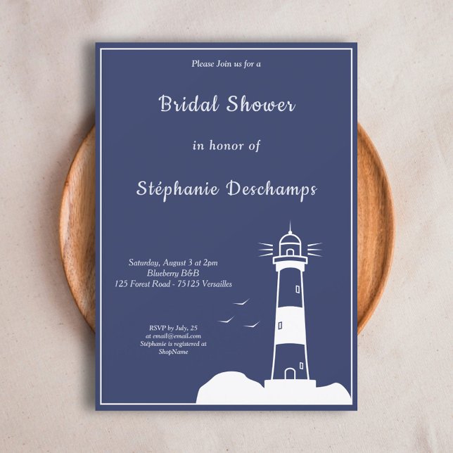 Lighthouse Marine Blue Bridal Douche Invitation (Lighthouse Navy Blue Bridal Shower Invitation)
