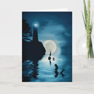 Lighthouse Mermaid Sallboat and Dolphin Blank Card