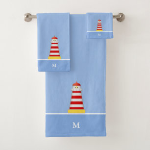 Lighthouse & Monogram on Light Blue Bath Towel Set