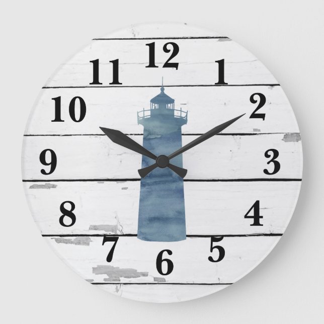 Lighthouse Nautical Blue Shiplap Rustic Decor Large Clock (Front)