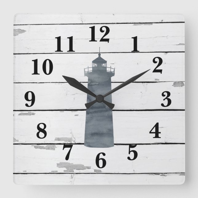 Lighthouse Nautical Blue Shiplap Rustic Decor Square Wall Clock (Front)