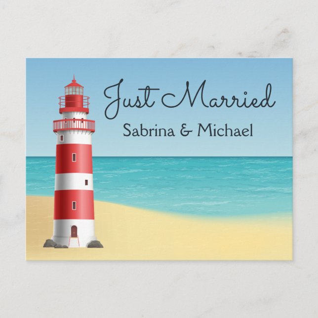 Lighthouse Nautical Just Married Beach Wedding Announcement Postcard (Front)