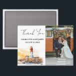 Lighthouse Nautical Theme Wedding Thank You Magnet<br><div class="desc">Introducing the Lighthouse Nautical Theme Wedding Thank You Magnet, a charming and personalized keepsake that captures the essence of your coastal, seaside, or nautical-inspired wedding. This beautiful magnet features a wedding photo template framed by a watercolor lighthouse artwork and elegant Thank You typography, making it a perfect way to express...</div>