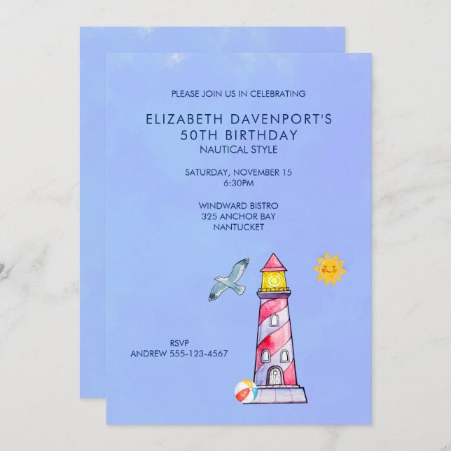 Lighthouse Nautical Themed 50th Birthday Invite (Front/Back)
