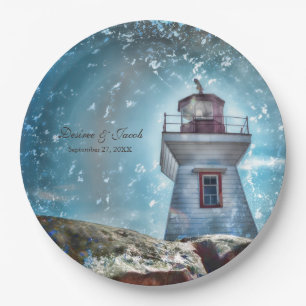 Lighthouse Ocean Blue Nautical Rustic Wedding Paper Plate