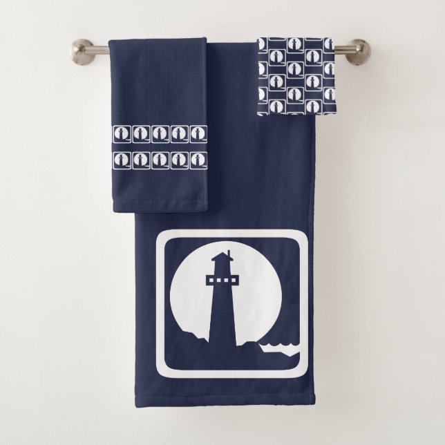 Lighthouse Ocean Blue & white coastal deco Bath Towel Set (Insitu)