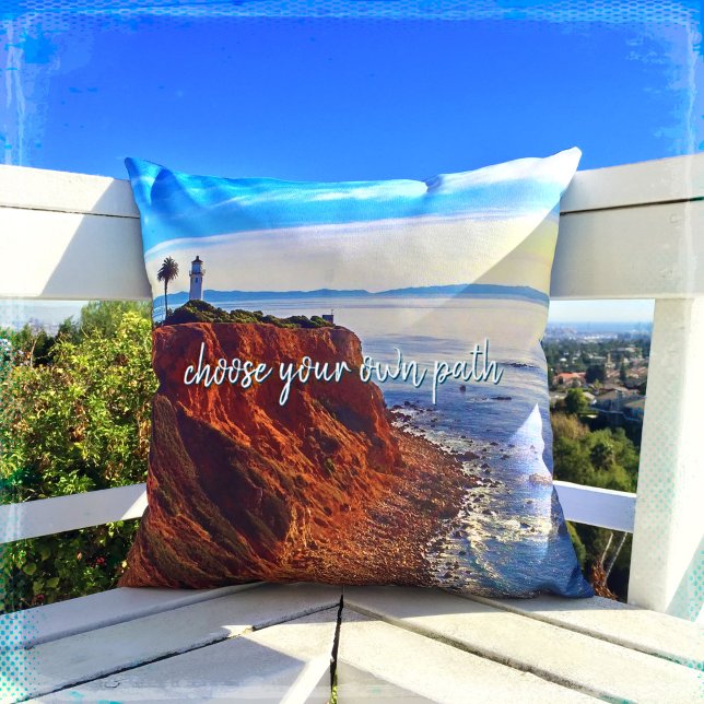 Lighthouse Ocean Cliff Photo Choose Your Own Path Throw Pillow (Creator Uploaded)