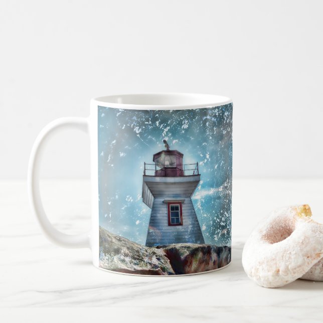 Lighthouse Ocean Nautical Blue Rustic Coastal Coffee Mug (With Donut)