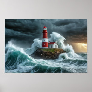 Lighthouse Ocean Storm Majestic Powerful Wave Poster