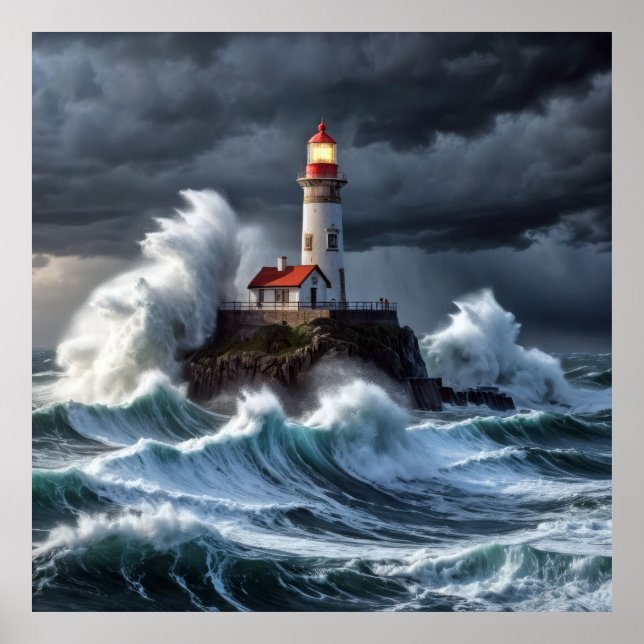 Lighthouse Ocean Storm Majestic Powerful Wave Poster (Front)
