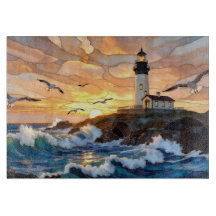 Lighthouse Ocean Sunset Cutting Board Coastal Art