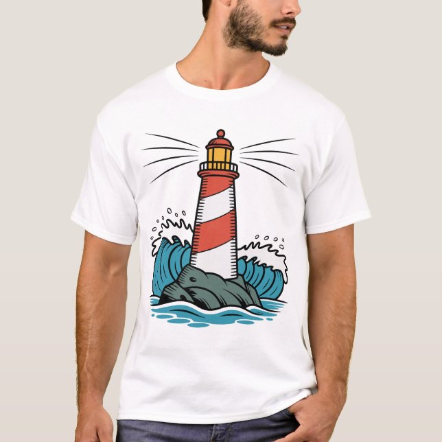 Lighthouse Ocean Waves Design – Nautical Coastal  T-Shirt (Front)
