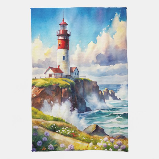 Lighthouse on a Cliff Kitchen Towel (Vertical)
