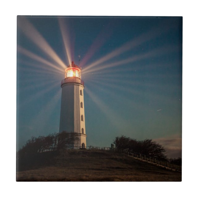 Lighthouse on a Hill Shining at Night Tile (Front)
