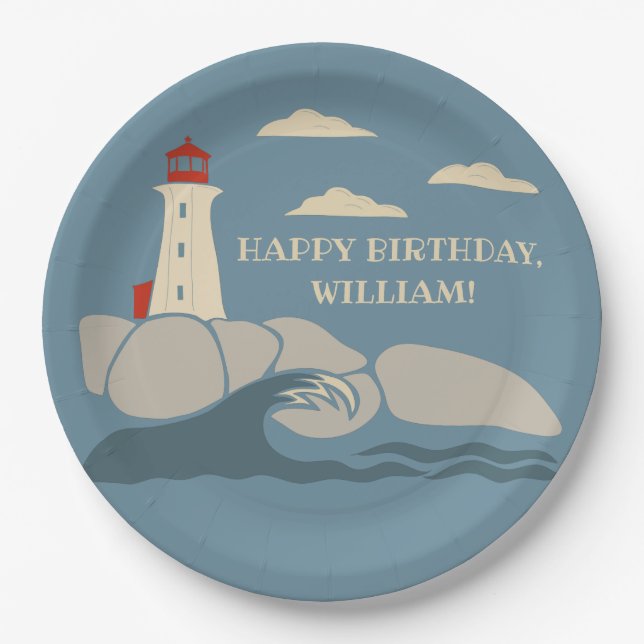 Lighthouse on a Rocky Coast Seaside Paper Plate (Front)