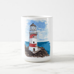 Lighthouse on a stone island against the backdrop  coffee mug