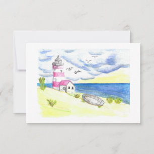 Lighthouse on beach fishing boat ocean coastal thank you card