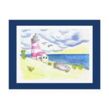 Lighthouse on beach postcard