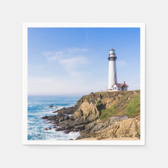 Lighthouse on hill blue sky white house ocean napkin (Front)
