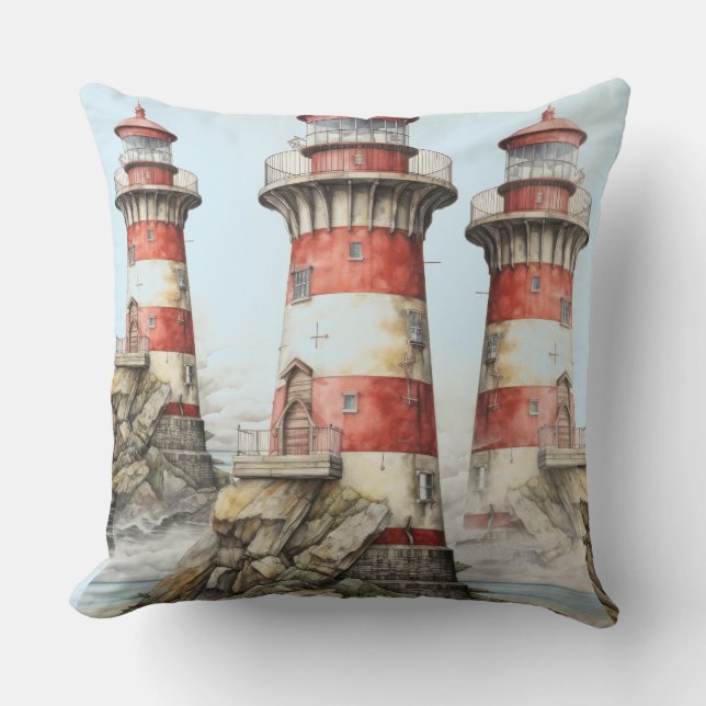 Lighthouse on Rocks Throw Pillow (Front)