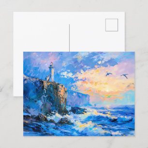 Lighthouse on Rocky Coast Impressionist Seascape Postcard