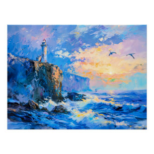 Lighthouse on Rocky Coast Impressionist Seascape Poster