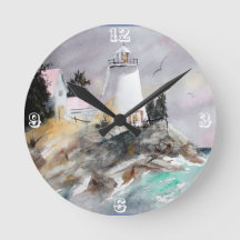 Lighthouse on rocky shore clock