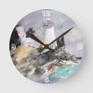 Lighthouse on rocky shore clock