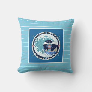 Lighthouse, on shades of blues with pinstripes throw pillow
