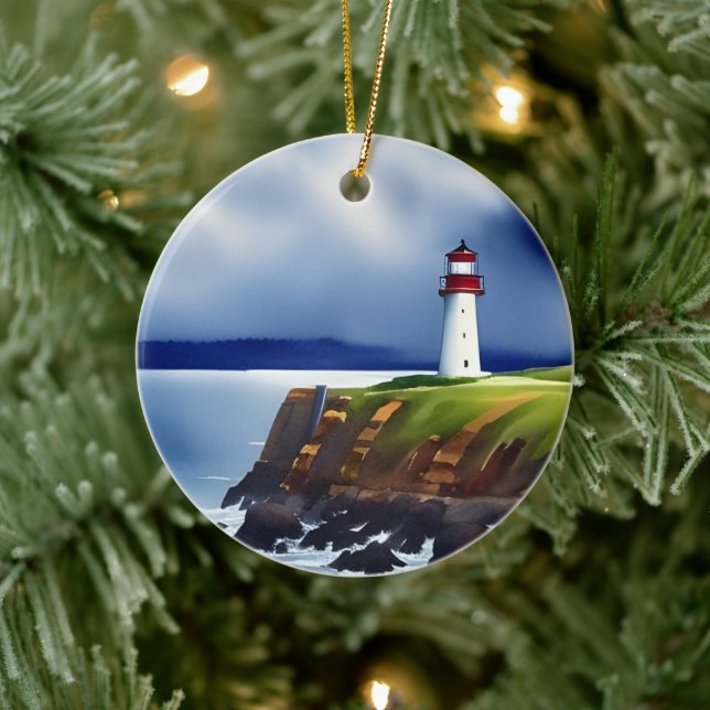 Lighthouse on the Cliffs Watercolor Personalized  Ceramic Ornament (Tree)
