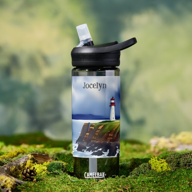 Lighthouse on the Cliffs Watercolor Personalized Water Bottle (Outdoor)
