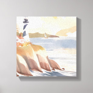 Lighthouse on the Shore Watercolor Ocean Canvas Print