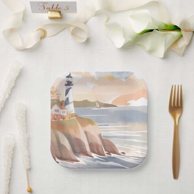 Lighthouse on the Shore | Watercolor Ocean Paper Plate (Wedding)