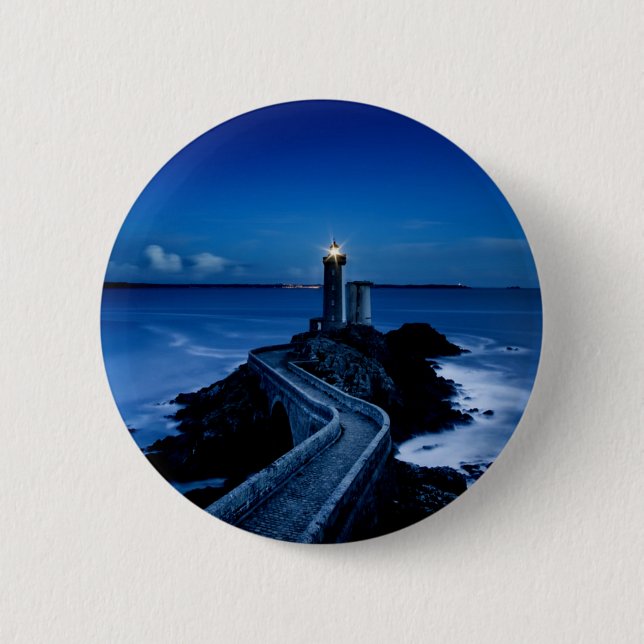 Lighthouse on wall in ocean at night 2 inch round button (Front)