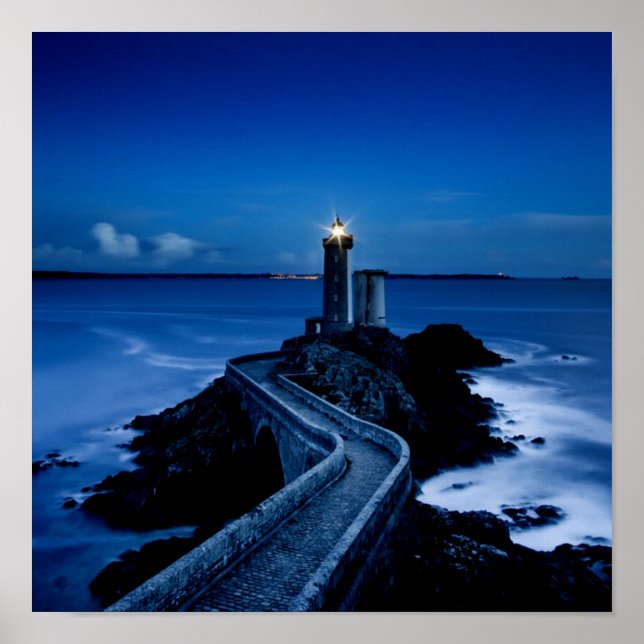 Lighthouse on wall in ocean at night poster (Front)