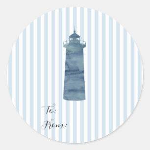 Lighthouse Painting Nautical Blue Stripe Coastal Classic Round Sticker