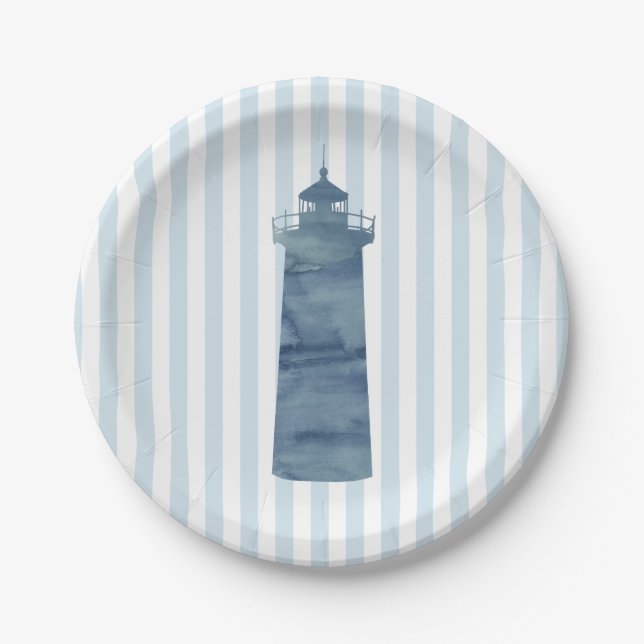 Lighthouse Painting Nautical Stripe Paper Plates (Front)