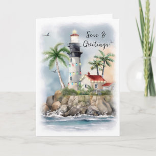 Lighthouse Palm Tree Sea Coastal Christmas Holiday Card