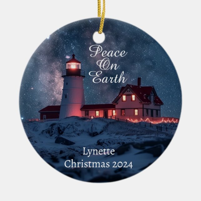 Lighthouse Peace on Earth Personalized Ornament (Front)