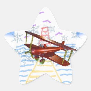 Lighthouse Pier Biplane Blue Waves Star Sticker